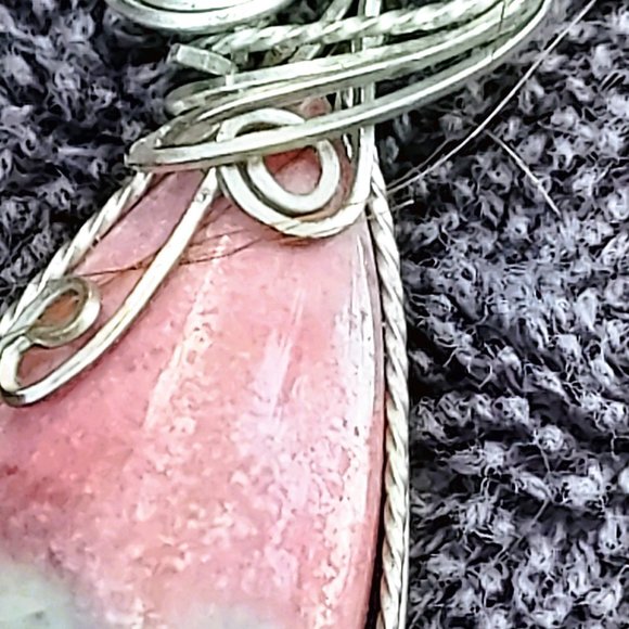 Rhodonite Teardrop - Silver Coated Wire Wrapped Pendant Necklace - Picture 2 of 2